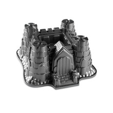 Nordic Ware aluminum Castle Bundt pan with ornate turret and brick-textured design, natural silver finish