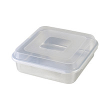 Nordic Ware aluminum square cake pan with clear plastic lid closed, natural silver finish