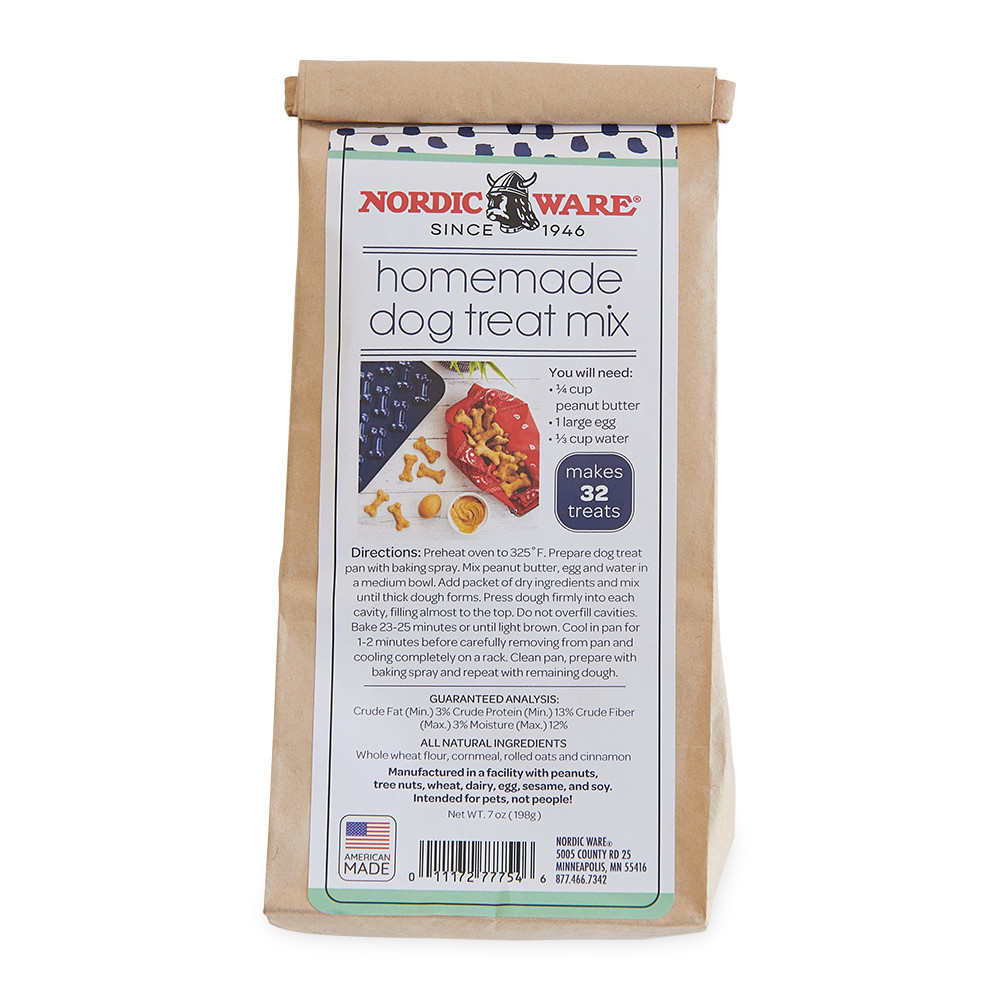 Nordic Ware Homemade Dog Treat Mix package, yellow and blue box with dog bone graphics