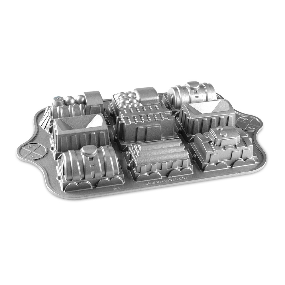 Nordic Ware aluminum train-shaped cake pan with locomotive and car compartments, natural silver finish