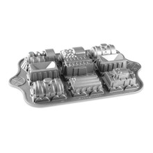Nordic Ware aluminum train-shaped cake pan with locomotive and car compartments, natural silver finish