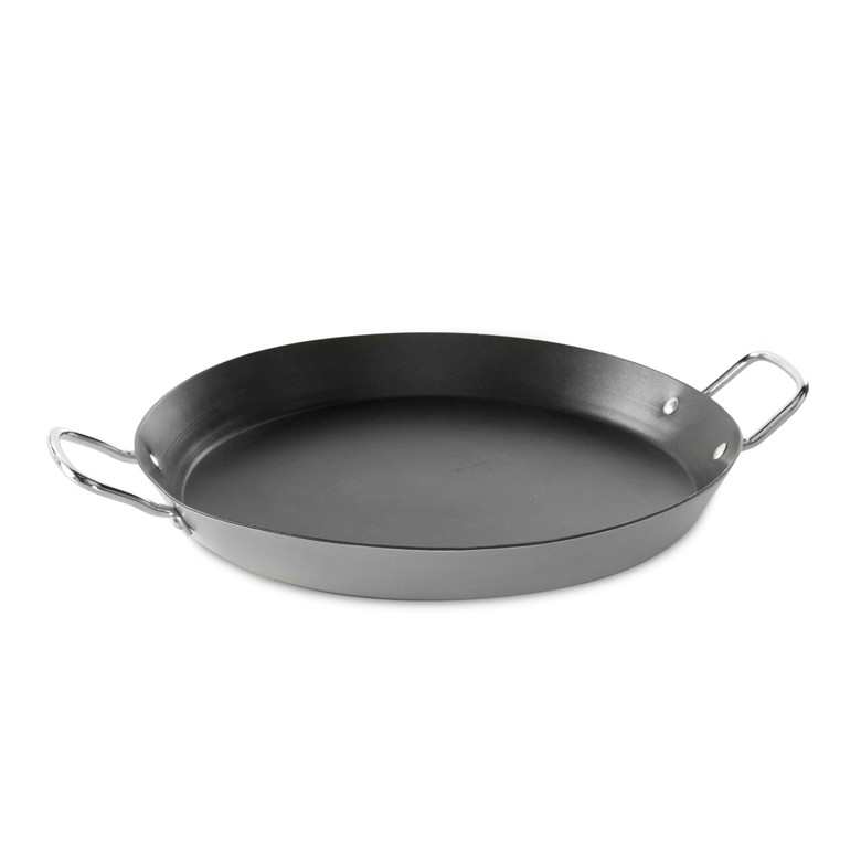 Nordic Ware aluminum paella pan with two side handles, wide shallow circular design, natural silver finish