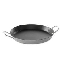 Nordic Ware aluminum paella pan with two side handles, wide shallow circular design, natural silver finish