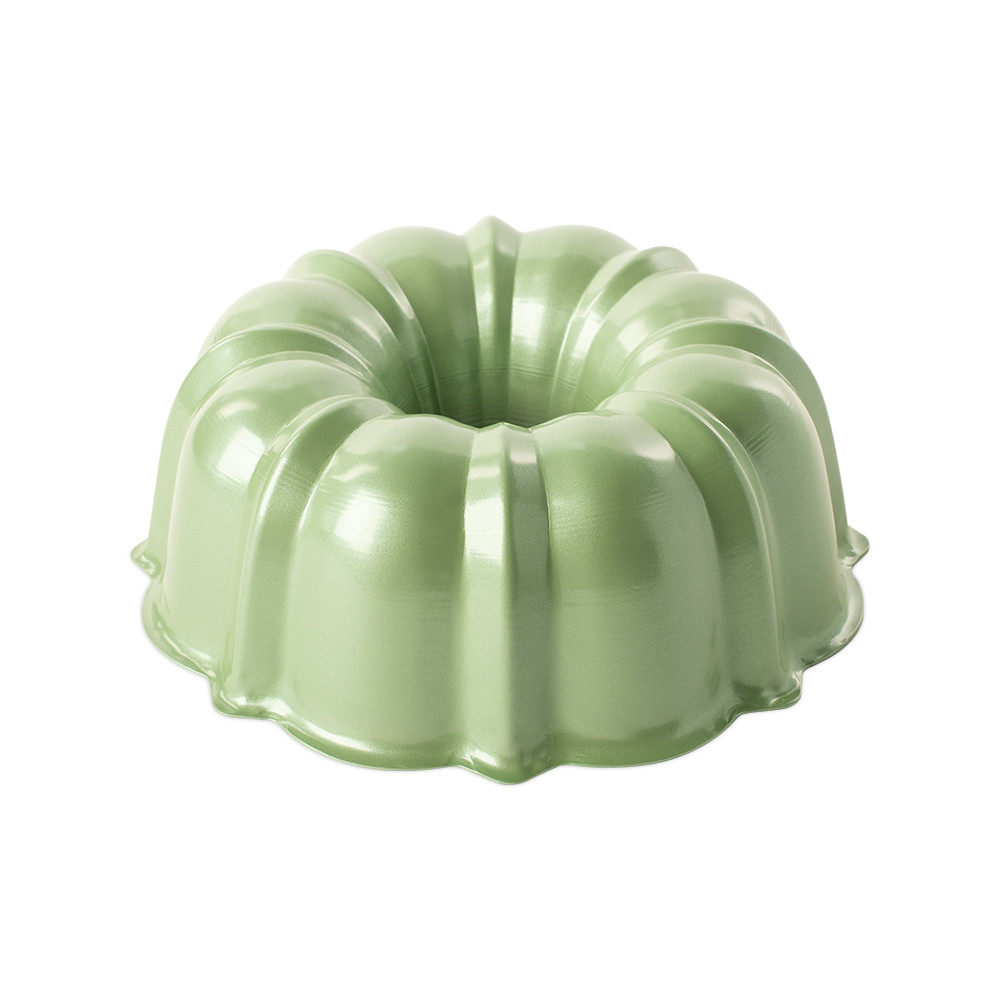 Nordic Ware 12-cup aluminum bundt pan with fluted design in Aurora Green finish
