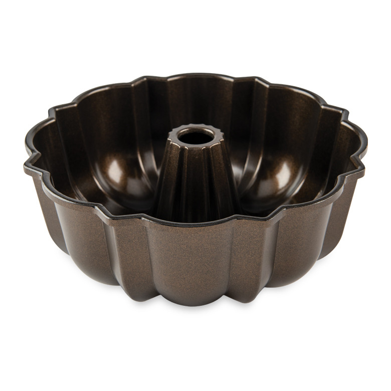 Nordic Ware cast aluminum bundt pan with bronze nonstick interior, fluted design visible from inside view