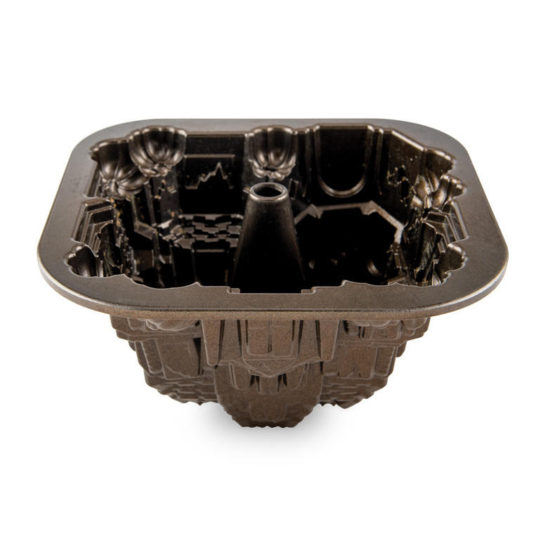 Nordic Ware Haunted Manor bundt pan interior view, bronze nonstick coating with gothic architectural details