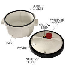 Nordic Ware Tender Cooker diagram showing pressure stem component attached to aluminum pot lid