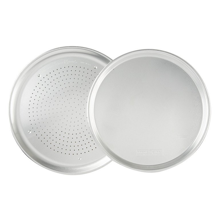 Two Nordic Ware aluminum pizza pans, one perforated crisper pan and one traditional solid pan, natural finish