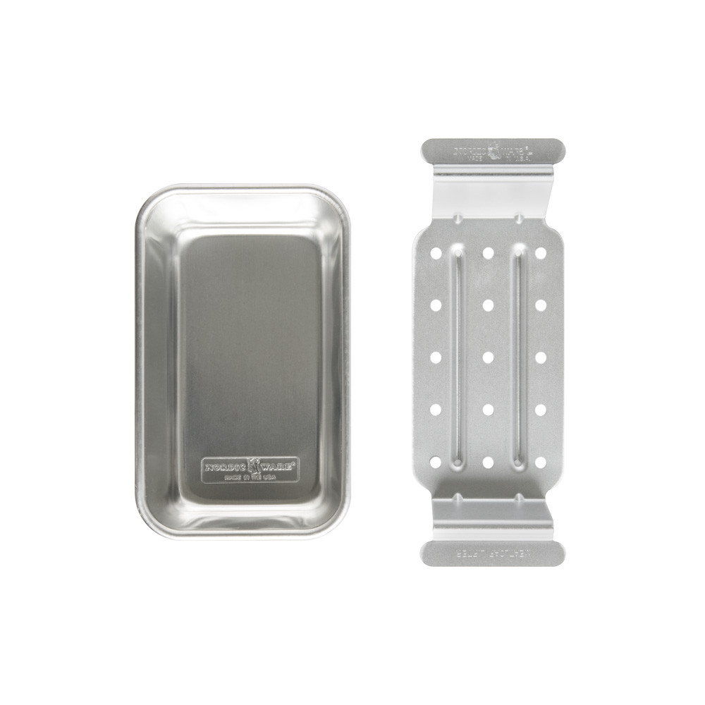 Nordic Ware aluminum meatloaf pan with perforated lifting trivet insert, natural silver finish