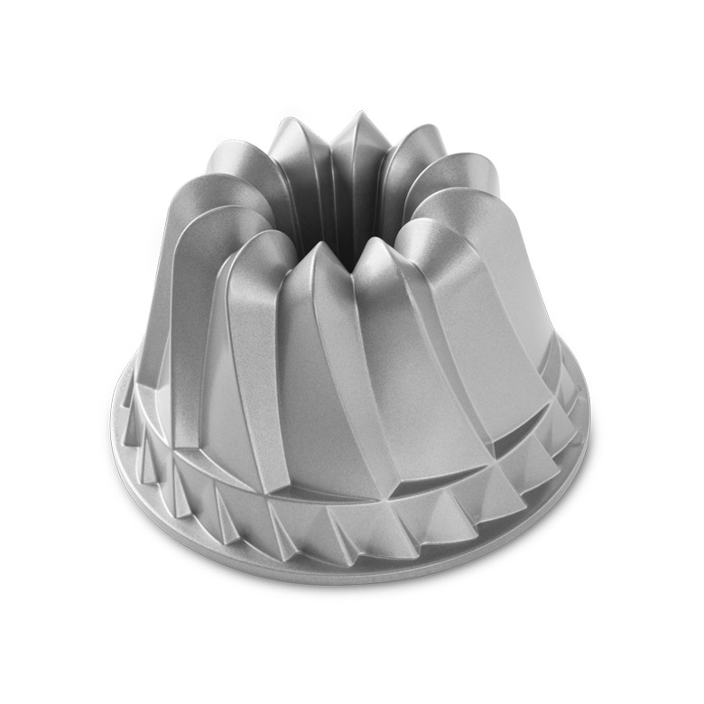 Nordic Ware aluminum Kugelhopf bundt pan with swirled fluted design and decorative bottom ridge, silver finish