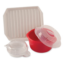 Nordic Ware three-piece microwave breakfast set: white ridged bacon tray, red round multi-cooker with clear lid, white egg and muffin maker
