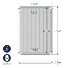 Nordic Ware Prism half sheet pan dimensional drawing with measurements, showing rectangular aluminum baking pan