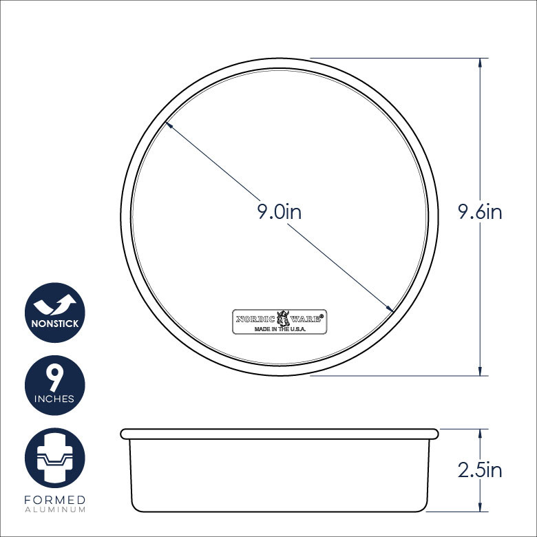 Nordic Ware 9-inch round nonstick cake pan dimensional drawing showing top and side view measurements