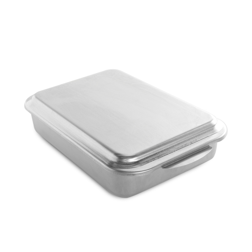 Nordic Ware aluminum 9x13 rectangular baking pan with fitted metal lid, natural silver finish