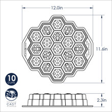 Technical drawing of Nordic Ware Honeycomb Pull-Apart Pan showing hexagonal cavities and dimensions
