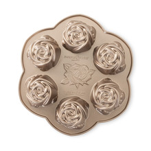 Nordic Ware aluminum rosebud cake pan with 6 detailed rose-shaped wells, bronze tinted finish