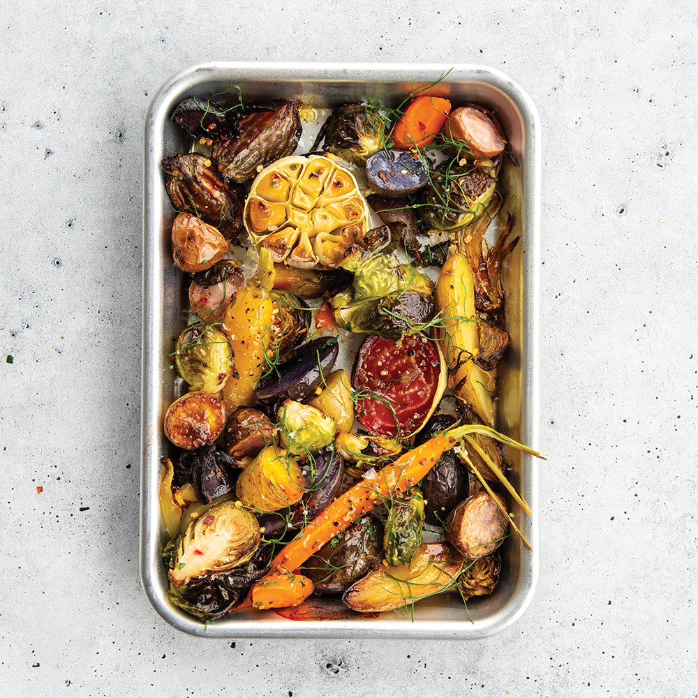Roasted colorful vegetables on Nordic Ware aluminum eighth sheet pan with natural silver finish