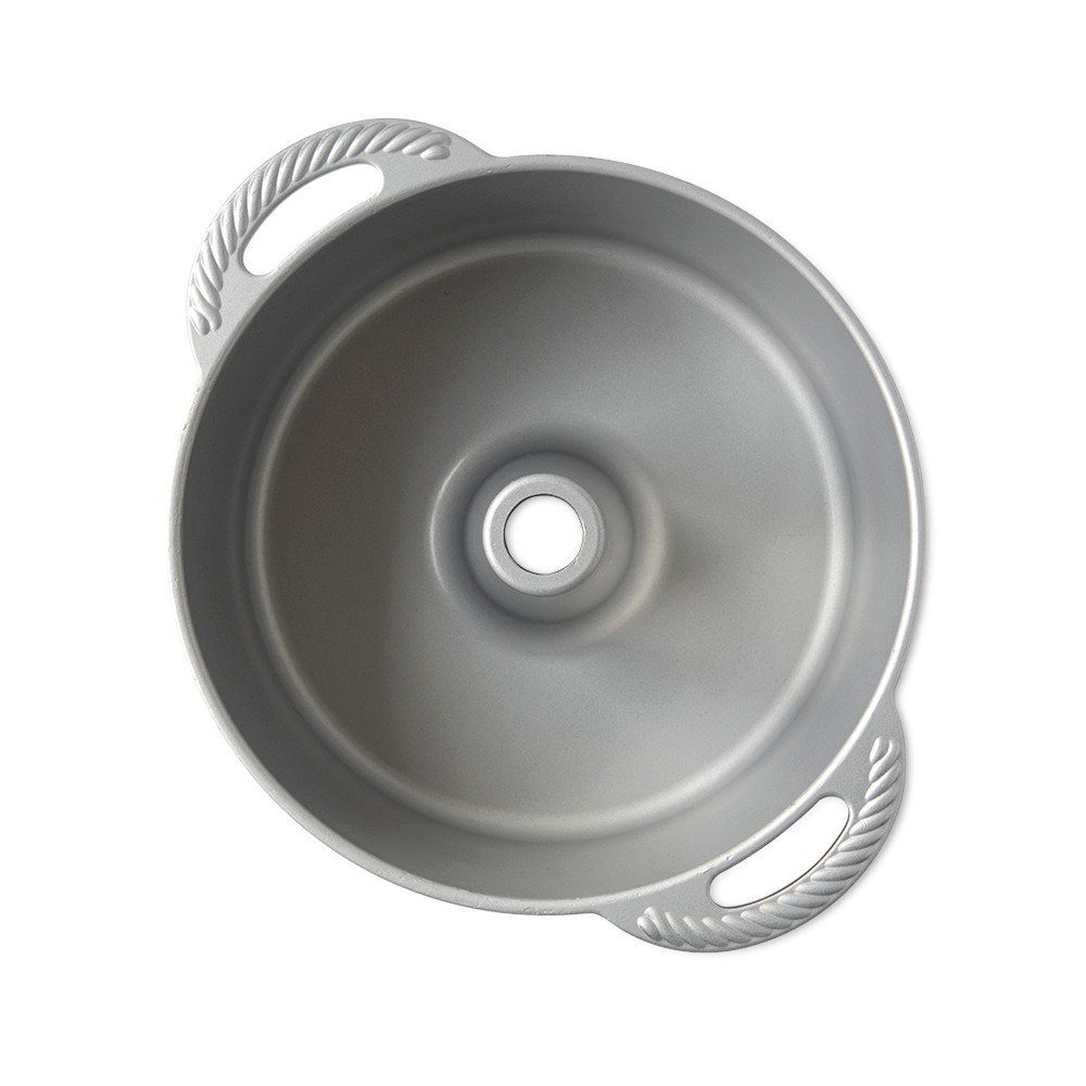 Nordic Ware aluminum tube pan with center funnel, silver nonstick interior, dual curved handles