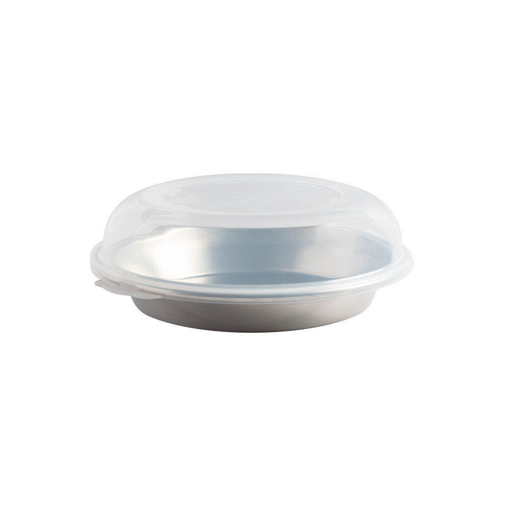 Nordic Ware aluminum pie pan with clear plastic high dome lid, natural silver finish with handles