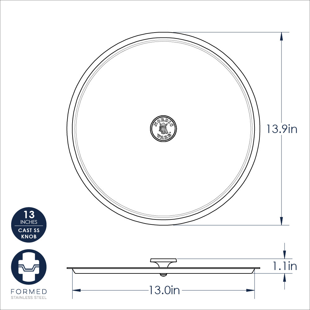 Nordic Ware 13-inch aluminum stock pot lid dimensional drawing showing top and side views with measurements