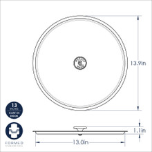 Nordic Ware 13-inch aluminum stock pot lid dimensional drawing showing top and side views with measurements