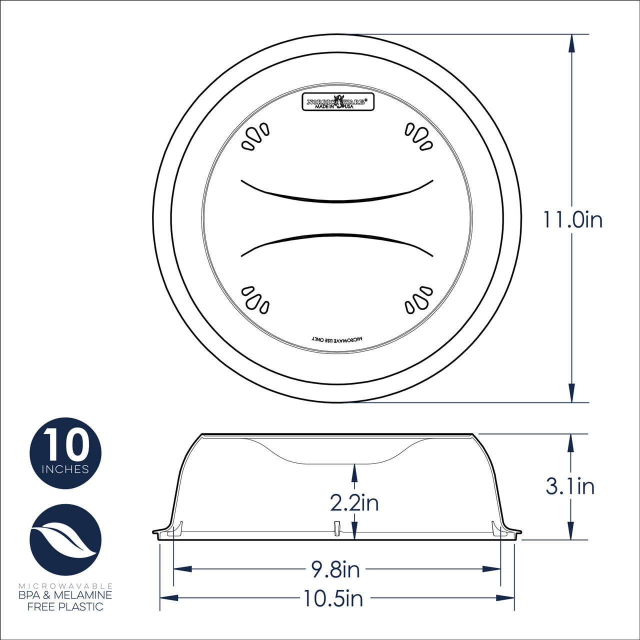 Nordic Ware 10-inch deluxe spatter cover technical drawing showing top and side view dimensions