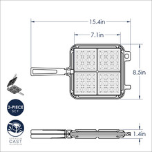 Nordic Ware stovetop Belgian waffler dimensional drawing showing 15.4-inch length, 8.5-inch width measurements