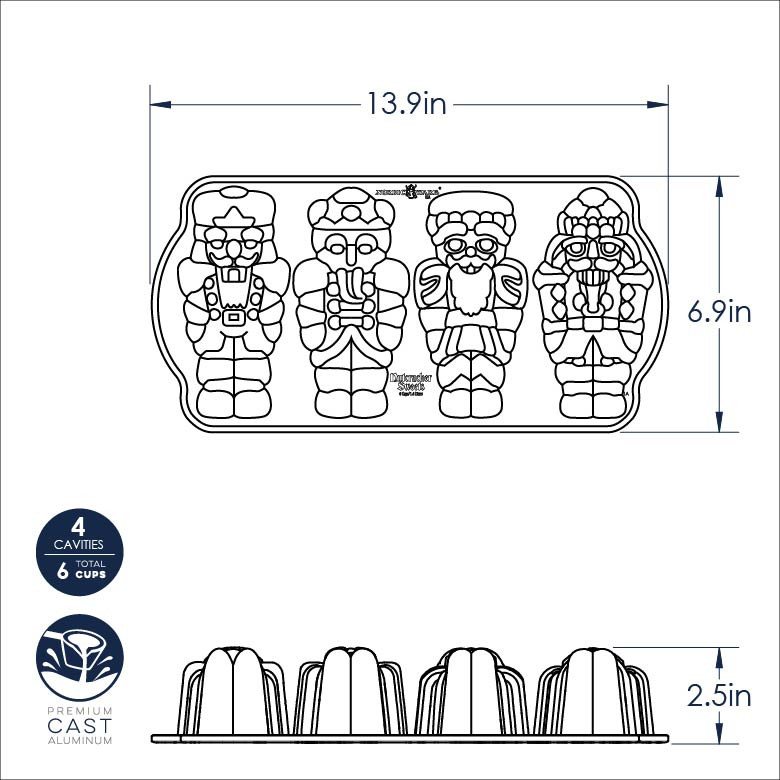 Nordic Ware aluminum Nutcracker Cakelet Pan dimensional drawing showing four nutcracker-shaped cavities, 13.9 x 6.9 inches