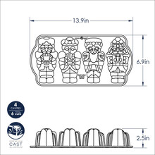 Nordic Ware aluminum Nutcracker Cakelet Pan dimensional drawing showing four nutcracker-shaped cavities, 13.9 x 6.9 inches