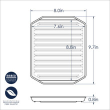 Nordic Ware compact bacon rack dimensional drawing showing rectangular aluminum rack with ribbed surface, 8.0 x 9.7 inches