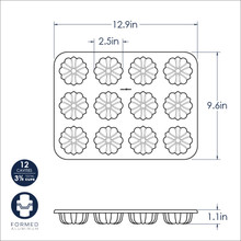Nordic Ware mini bundt cupcake pan dimensional drawing showing 12 fluted cavities, aluminum construction, with measurements