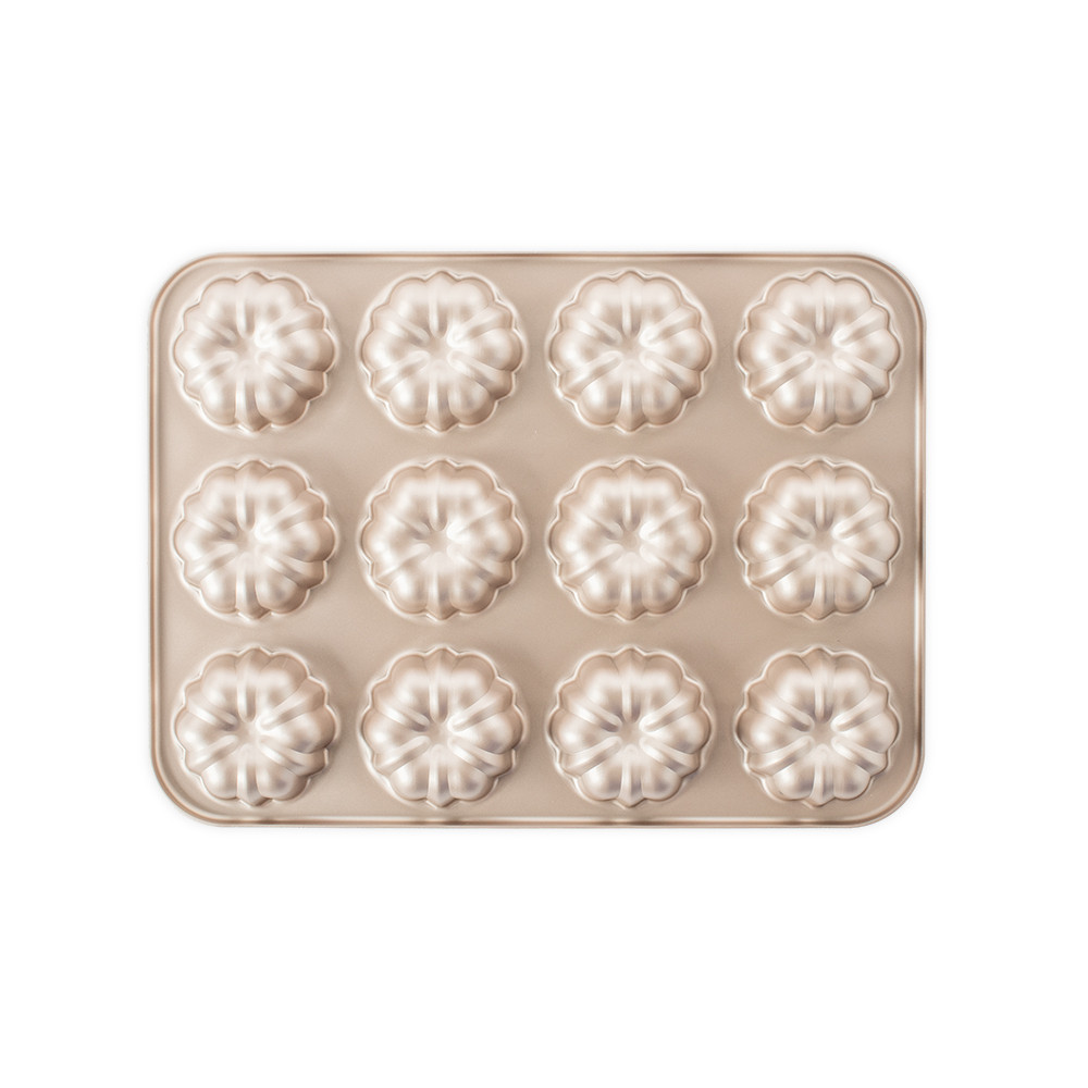Nordic Ware aluminum mini bundt cupcake pan with 12 fluted cavities, champagne gold nonstick finish