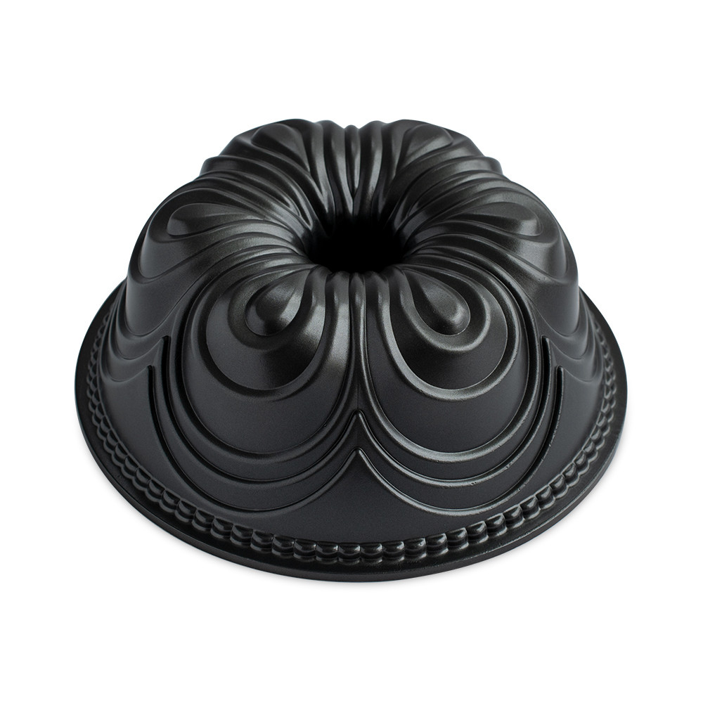 Nordic Ware Chiffon bundt pan with elegant swirled fluted design, dark gray nonstick aluminum finish