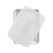 Nordic Ware aluminum 9x13 rectangular cake pan with clear plastic storage lid, natural silver finish