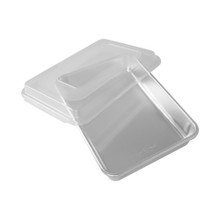 Nordic Ware aluminum 9x13 rectangular cake pan with clear plastic storage lid, natural silver finish