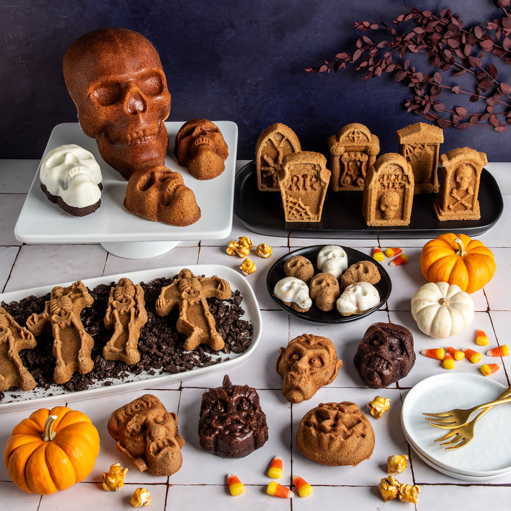 Group shot of Haunted Skull Cake, Skull Cakelets & Bites, Tombstone cakelets, Skeleton Cakes, and Monster Mask Cakelets