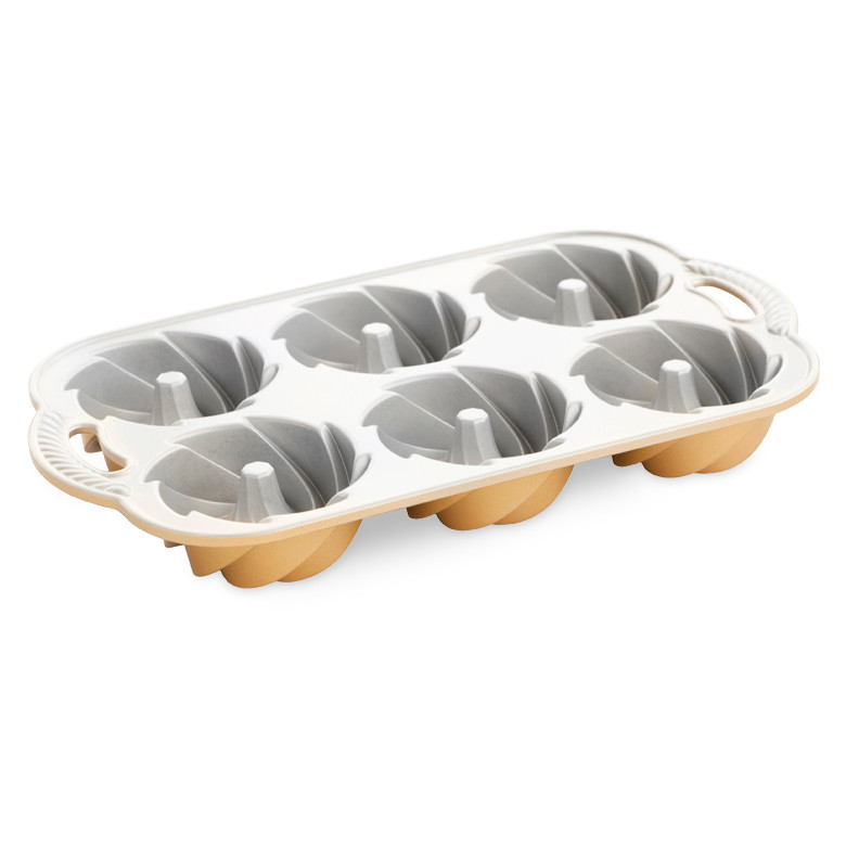 Nordic Ware Heritage Bundtlette pan with 6 fluted aluminum cavities, gold exterior and silver nonstick interior