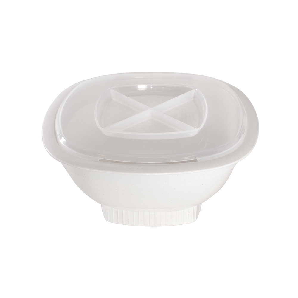 Nordic Ware white microwave popcorn popper bowl with clear vented lid, round plastic design