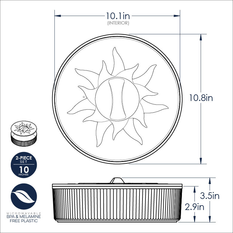 Dimensional drawing of Nordic Ware microwave tortilla and pancake warmer with sun design, 10.1-inch round