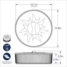 Dimensional drawing of Nordic Ware microwave tortilla and pancake warmer with sun design, 10.1-inch round