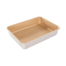 Nordic Ware aluminum 9x13 rectangular cake pan with golden nonstick coating and silver exterior