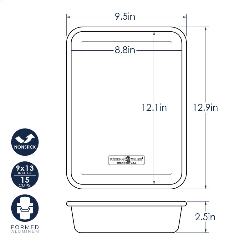 Nordic Ware Naturals nonstick 9x13 rectangular cake pan technical diagram with measurements and features