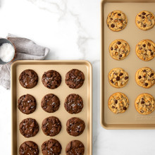 Nordic Ware nonstick big sheet baking pans with chocolate and chocolate chip cookies, golden aluminum finish