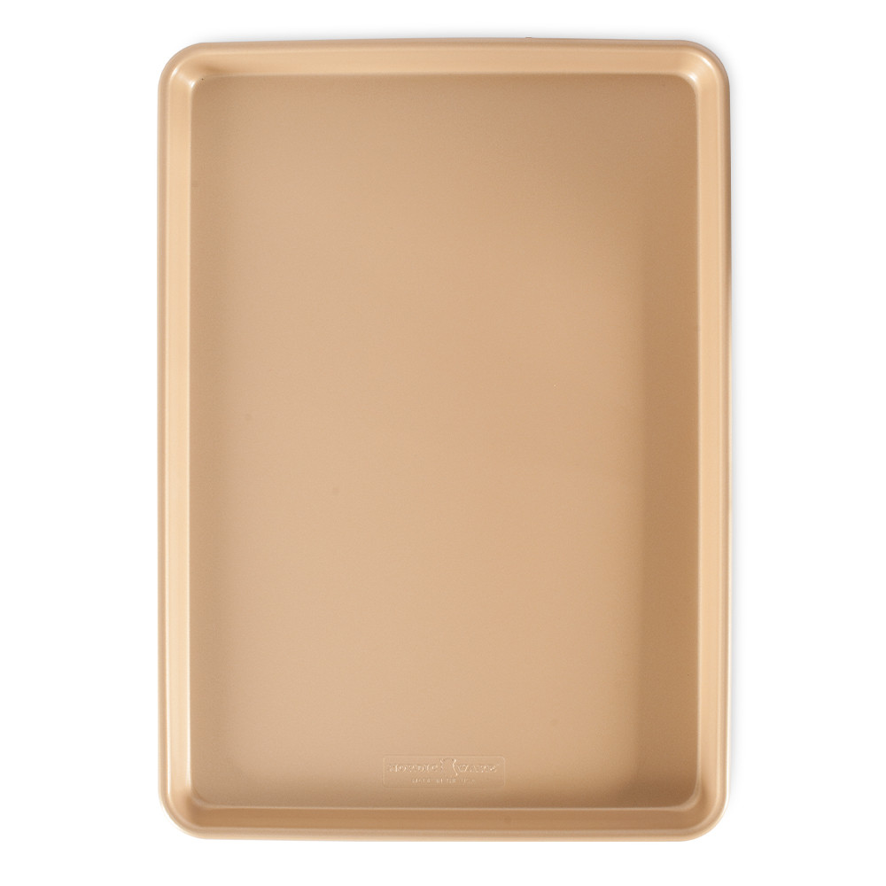 Nordic Ware nonstick big sheet baking pan, rectangular aluminum with golden bronze coating and raised rim