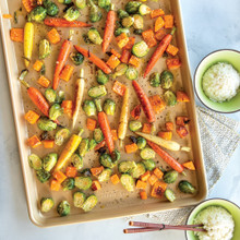 Roasted Brussels sprouts, carrots and sweet potatoes on Nordic Ware nonstick sheet pan, golden brown finish