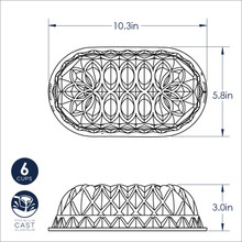 Nordic Ware aluminum Jubilee loaf pan with intricate geometric floral pattern, oval shape, cast aluminum construction