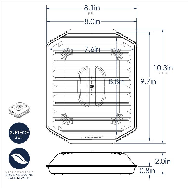 Nordic Ware compact bacon tray with lid dimensional drawing showing measurements and cross-section view