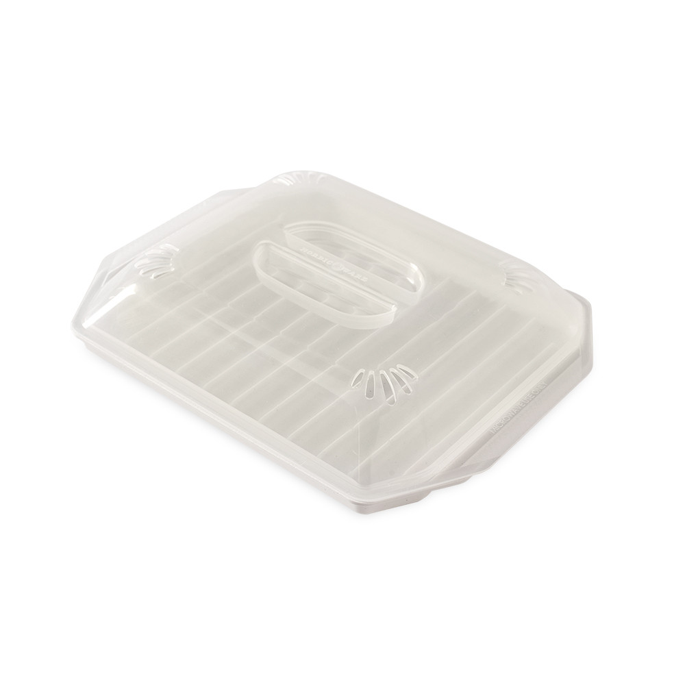 Nordic Ware white plastic compact bacon tray with clear lid, rectangular with ridged bottom and handles