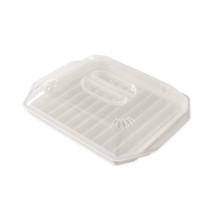 Nordic Ware white plastic compact bacon tray with clear lid, rectangular with ridged bottom and handles