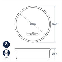 Nordic Ware 8-inch round aluminum cake pan dimensional drawing showing 8.6-inch diameter and 2.5-inch depth